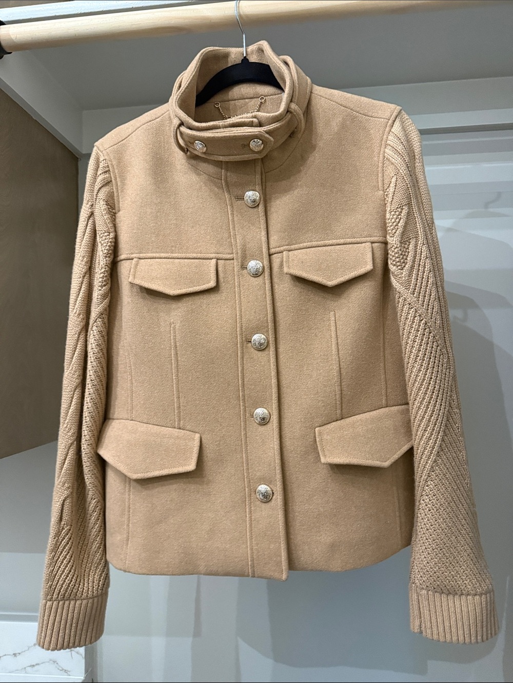 Elie Tahari Camel Button-Fromt Utility Jacket with Knit Sleeves